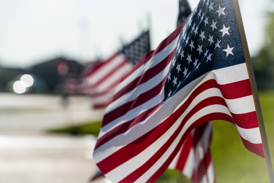 american flags in a row with depth of field