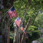 row of american flags on lamp posts along street